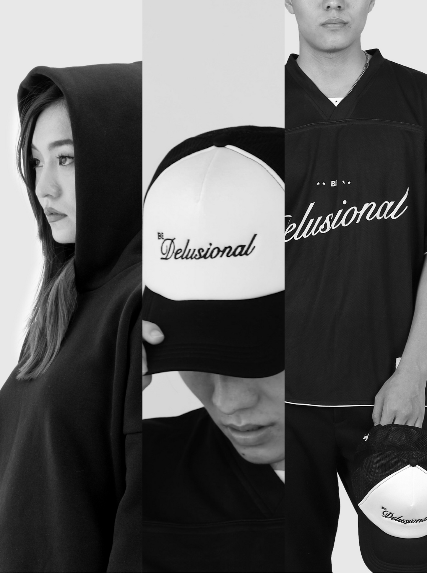 Classic Hoodie + 'Be Delusional' Jersey + Trucker Hat