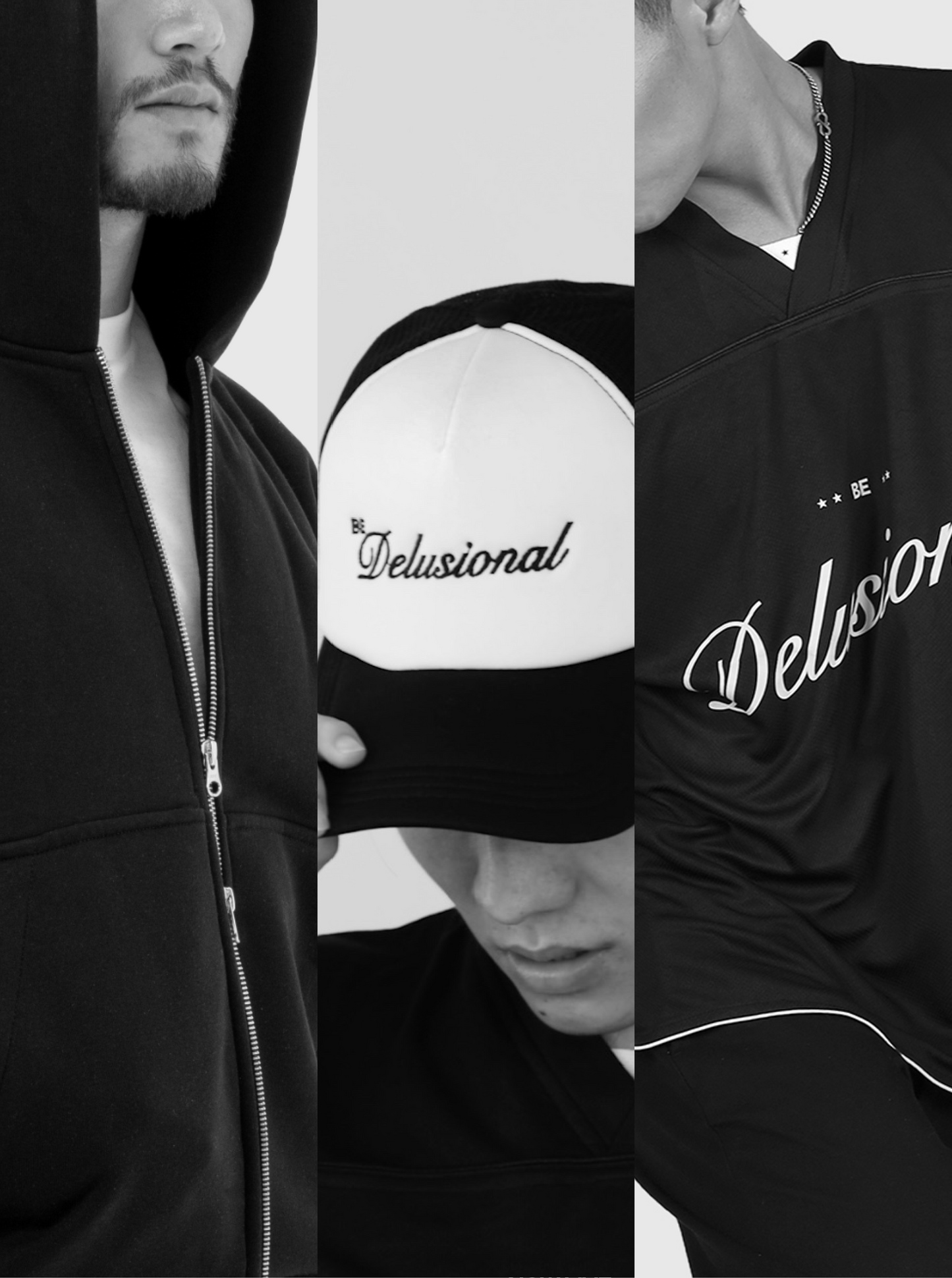 Double Zipper Hoodie + 'Be Delusional' Jersey + Trucker Hat