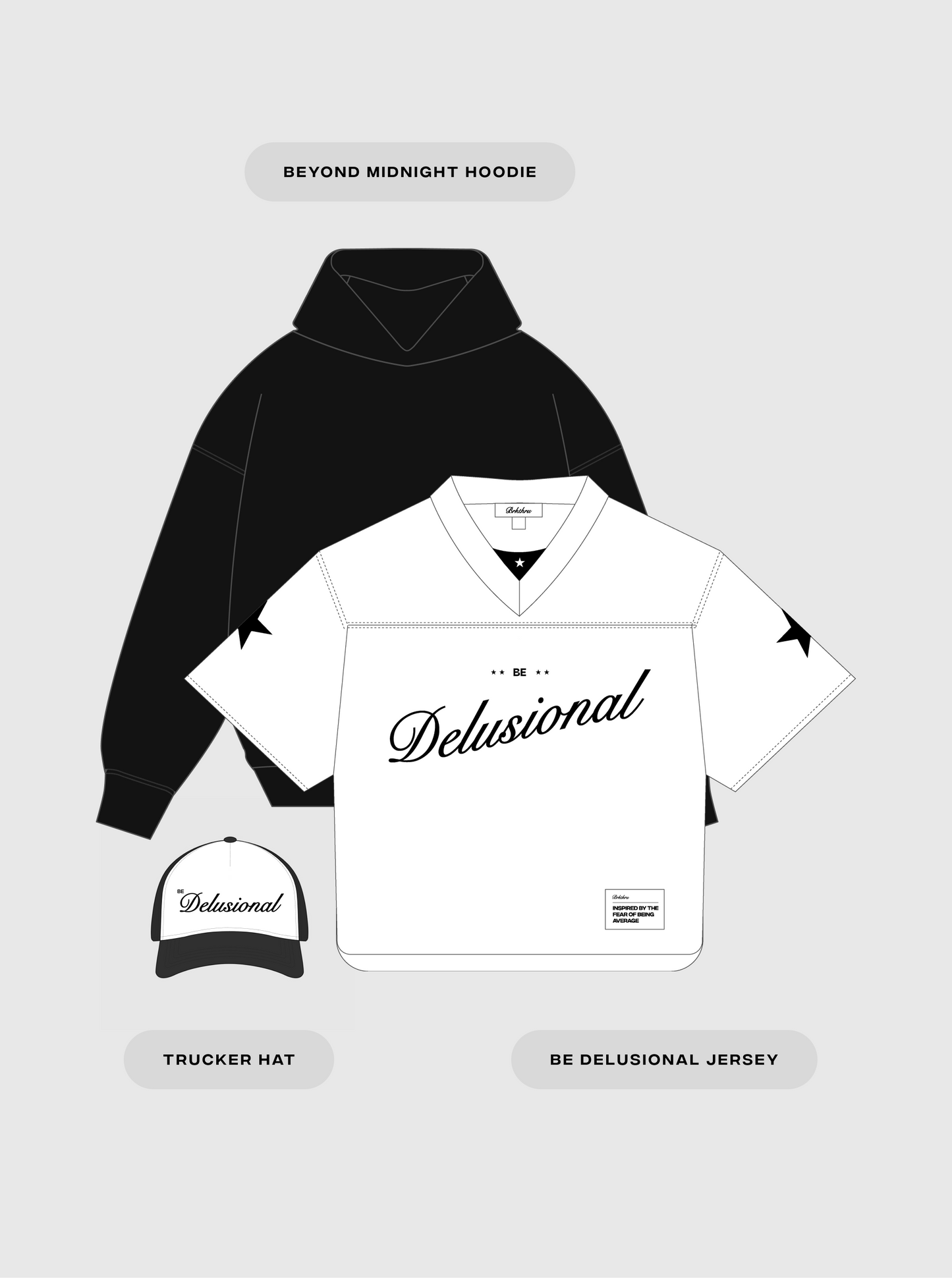 Double Zipper Hoodie + 'Be Delusional' Jersey + Trucker Hat